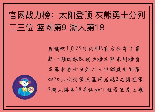 官网战力榜：太阳登顶 灰熊勇士分列二三位 篮网第9 湖人第18